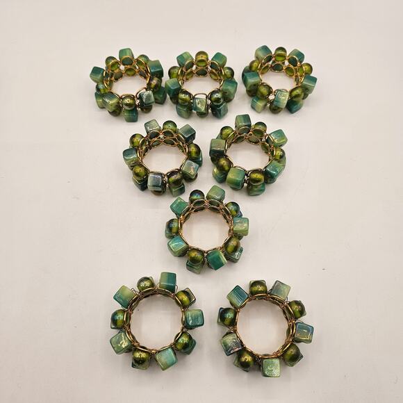 Pier 1 Gold & Green Beaded Glass Napkin Rings Set of 8 – Vintage Table Decor - Picture 3 of 7